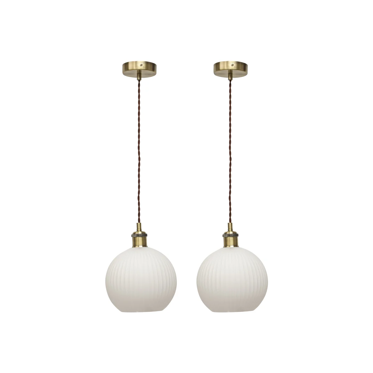 Set Of 2 Betchley White Ribbed Globe Antique Brass Retro Pendants - Antique Brass & White – image 1