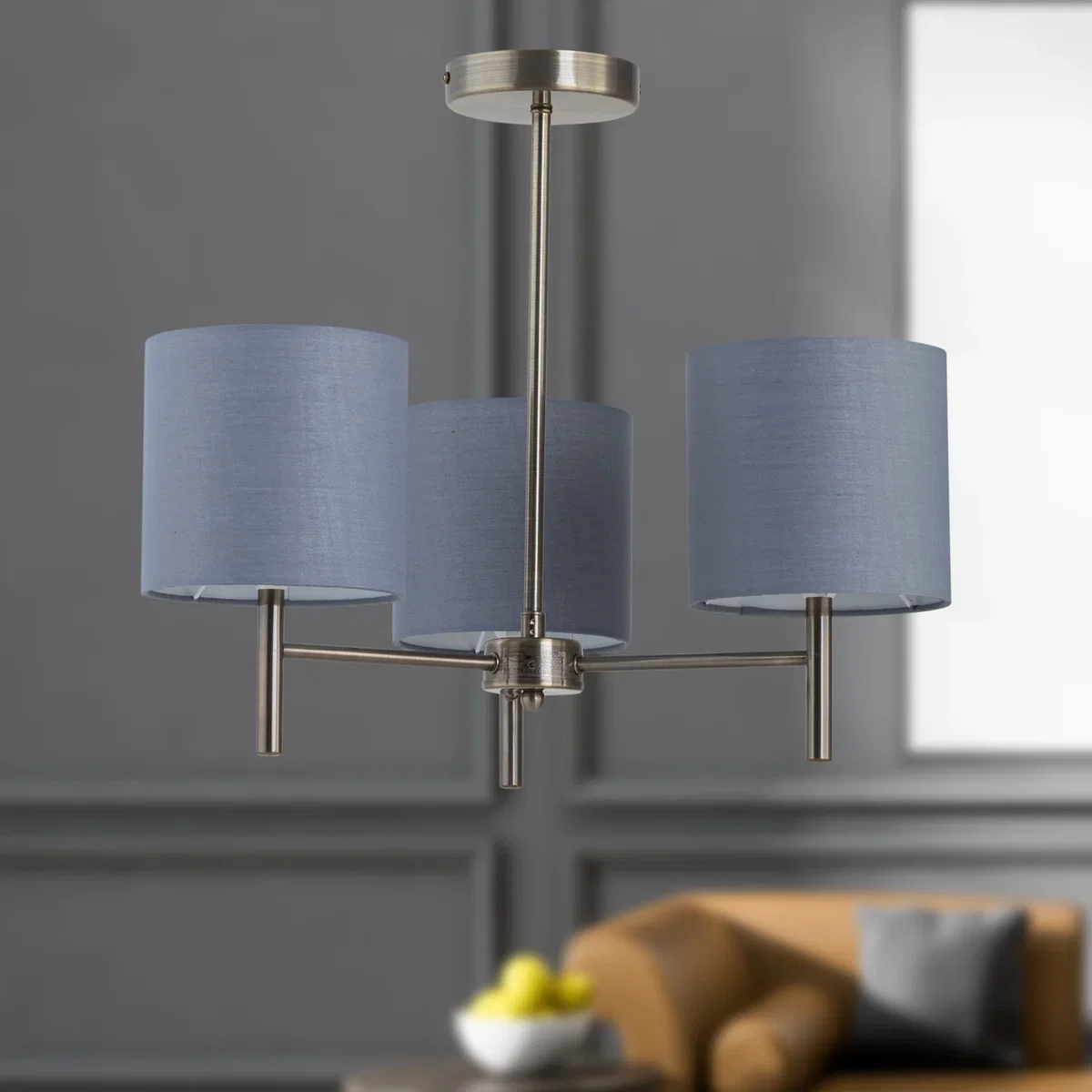 Brea Antique Brass 3 Light Fitting With Grey Cotton Shade - Antique Brass & Grey – image 3