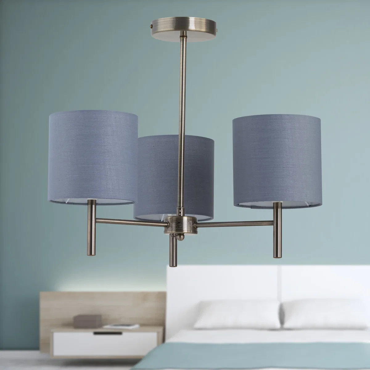 Brea Antique Brass 3 Light Fitting With Grey Cotton Shade - Antique Brass & Grey – image 4