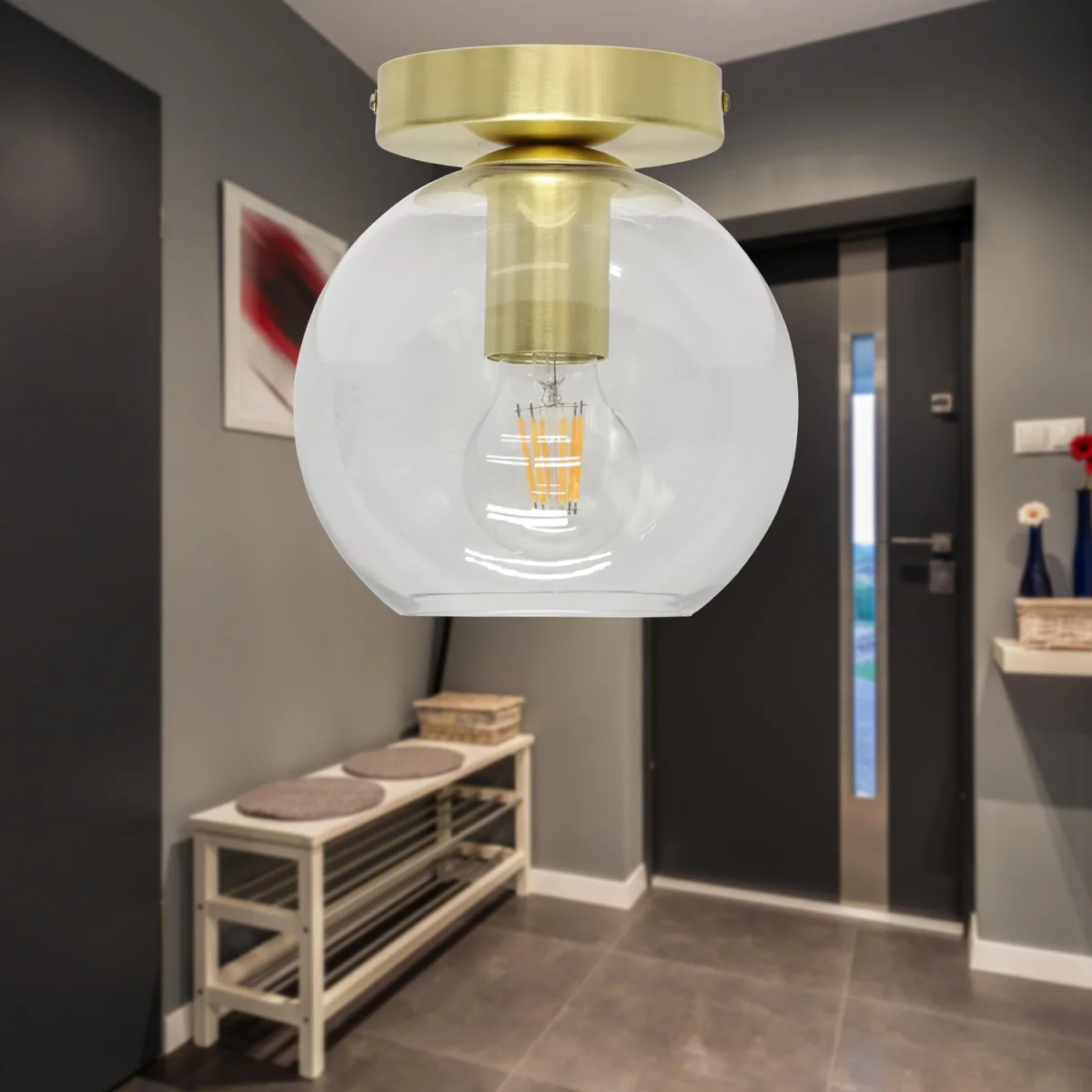 Set Of 2 Barnum Clear Glass Globe Satin Brass Ceiling Light Fittings - Satin Brass & Clear – image 3