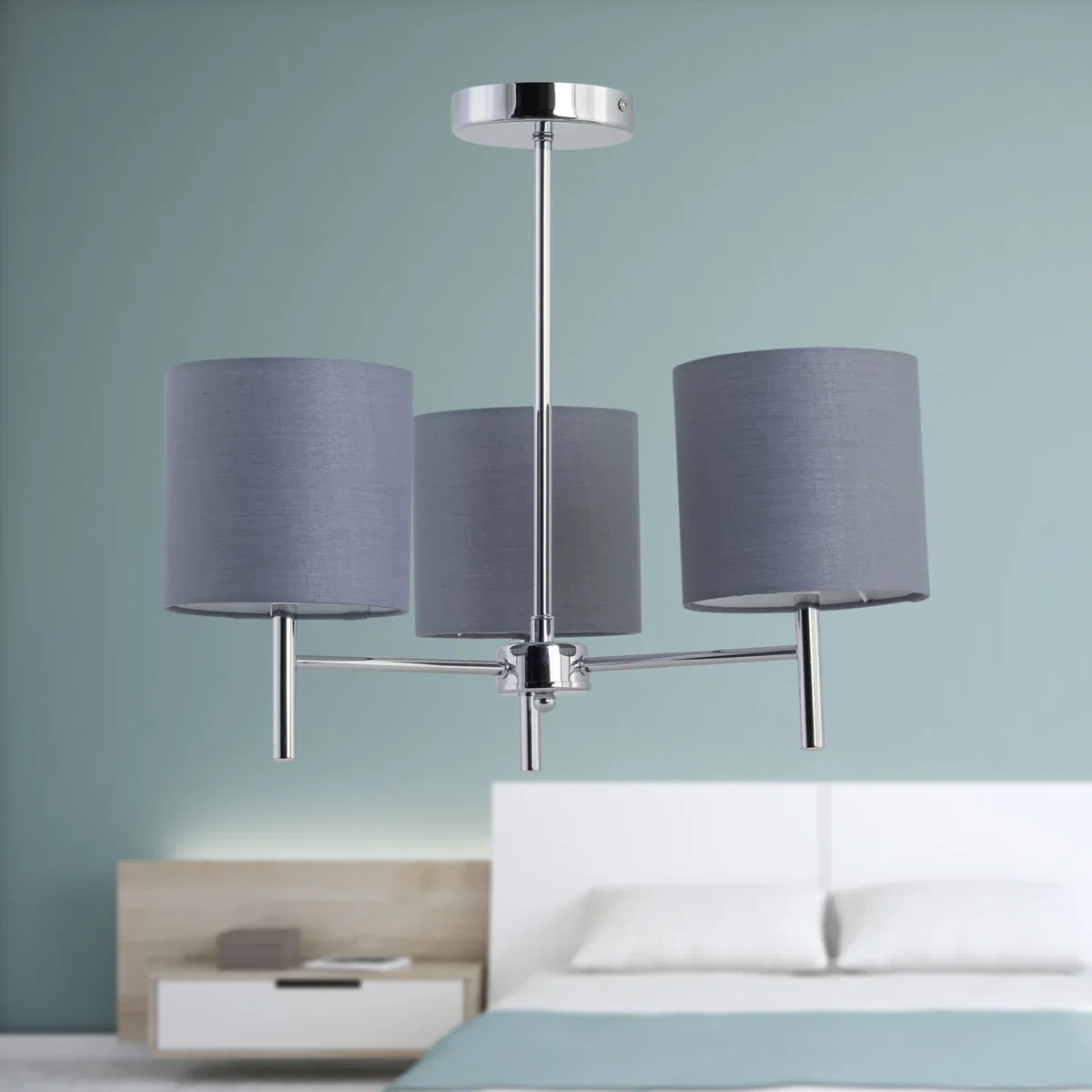 Brea Chrome 3 Light Fitting With Grey Cotton Shade - Chrome & Grey – image 3