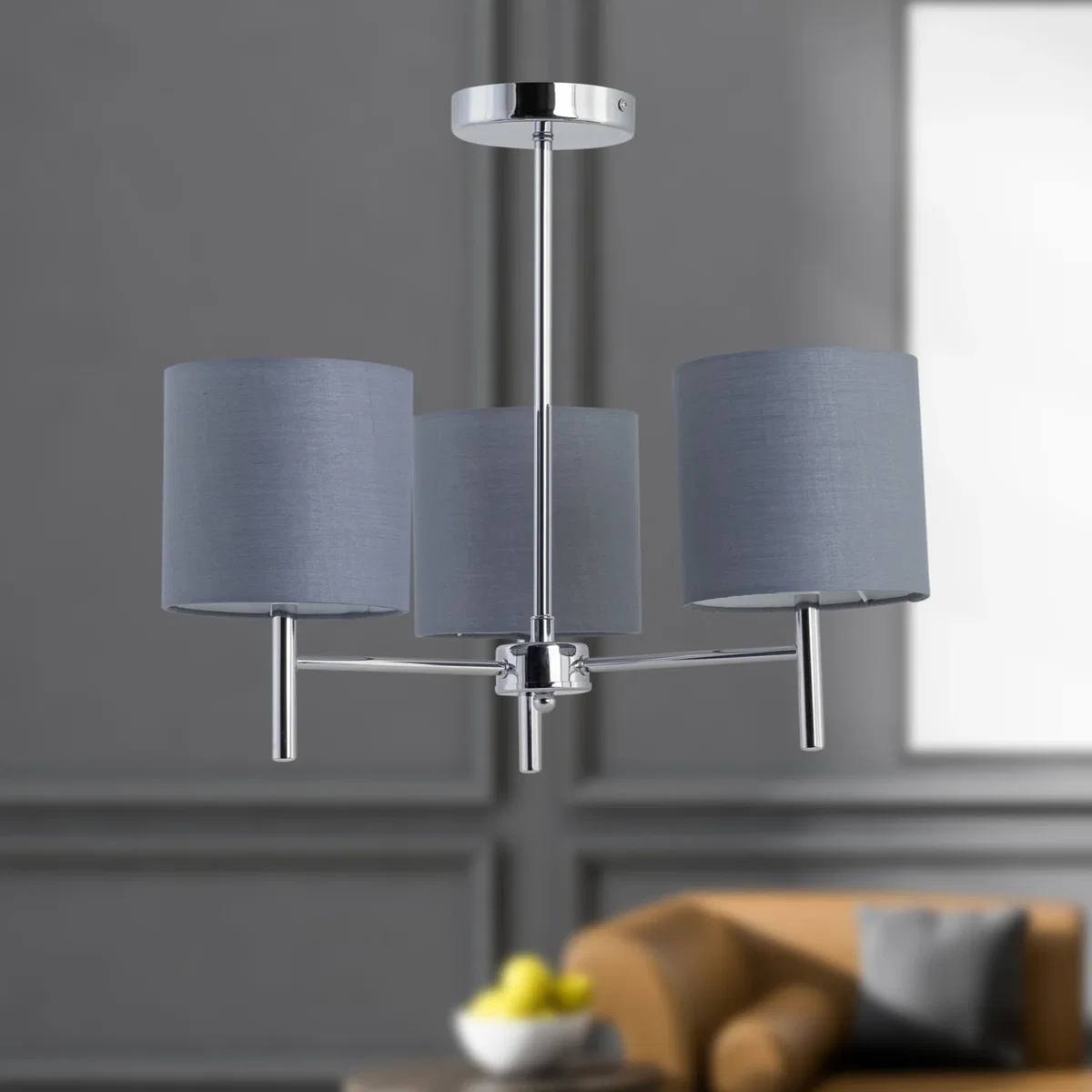 Brea Chrome 3 Light Fitting With Grey Cotton Shade - Chrome & Grey – image 4