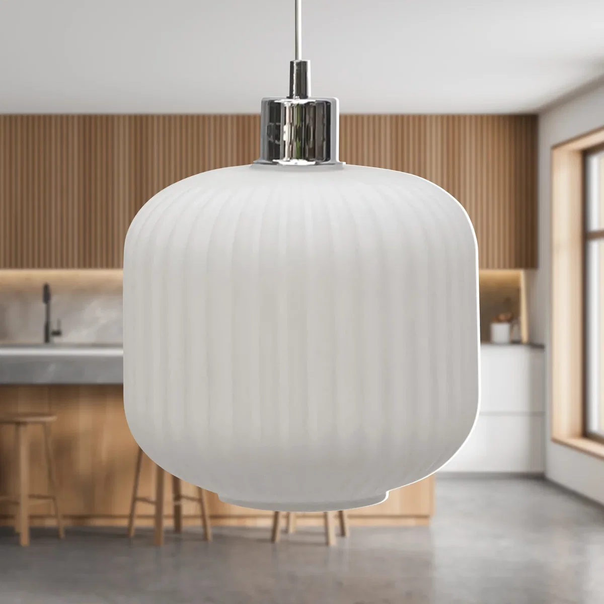 Bento White Ribbed Glass With Chrome Pendant Fitting - Chrome & White – image 2