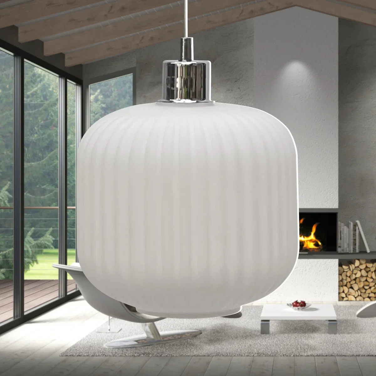 Bento White Ribbed Glass With Chrome Pendant Fitting - Chrome & White – image 5