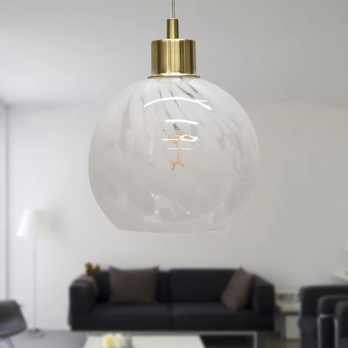 Confetti Ceiling Single Pendant Light - White Confetti Glass With Satin Brass Plate Detail – image 3