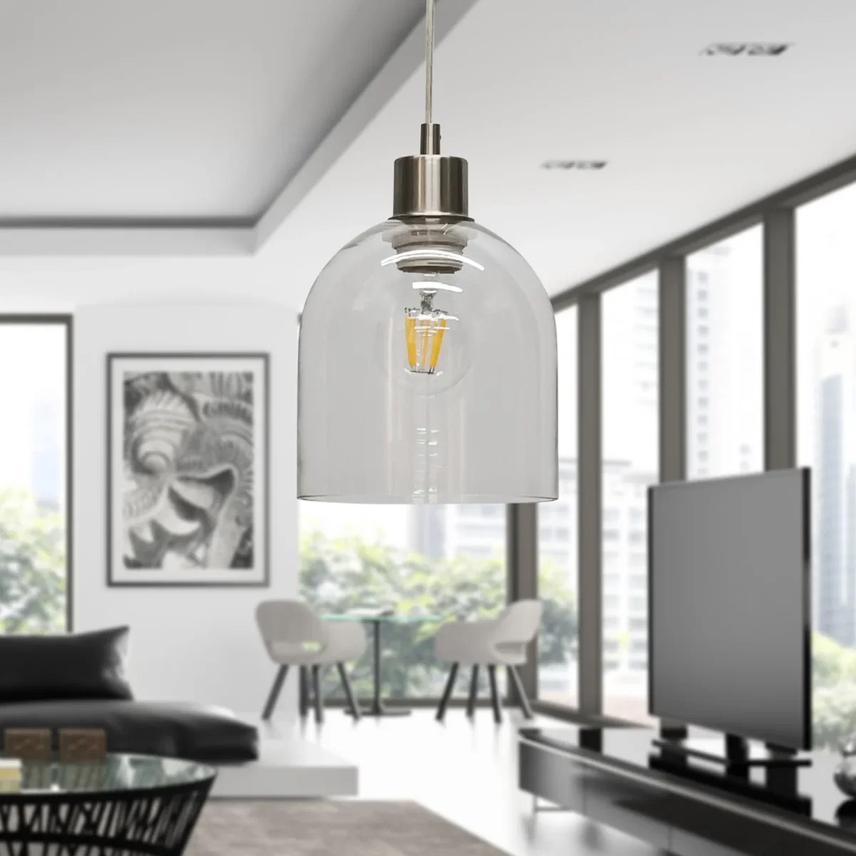 Set Of 2 Belten Clear Glass Cloche With Satin Nickel Pendant Fitting - Satin Nickel & Clear – image 5