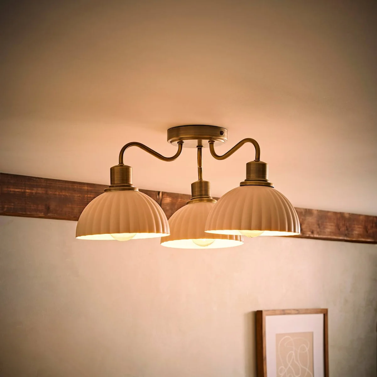 Bourton 3 Arm Ceiling Light wth Ribbed Dome Shades - Brushed Gold – image 3