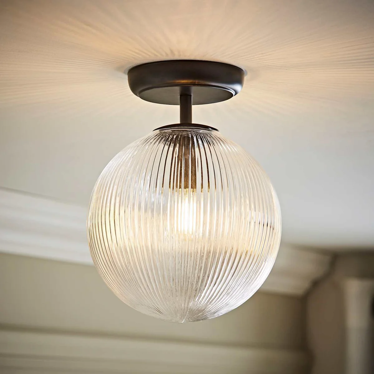 Kempton Flush Ceiling Light with Ribbed Globe Shade - Brushed Brass / Yes - Black – image 2