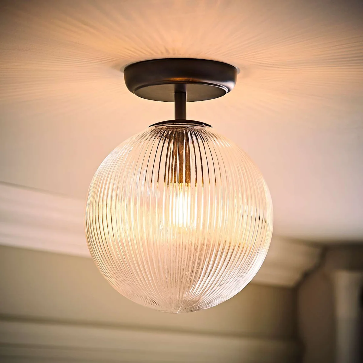 Kempton Flush Ceiling Light with Ribbed Globe Shade - Brushed Brass / Yes - Black – image 3