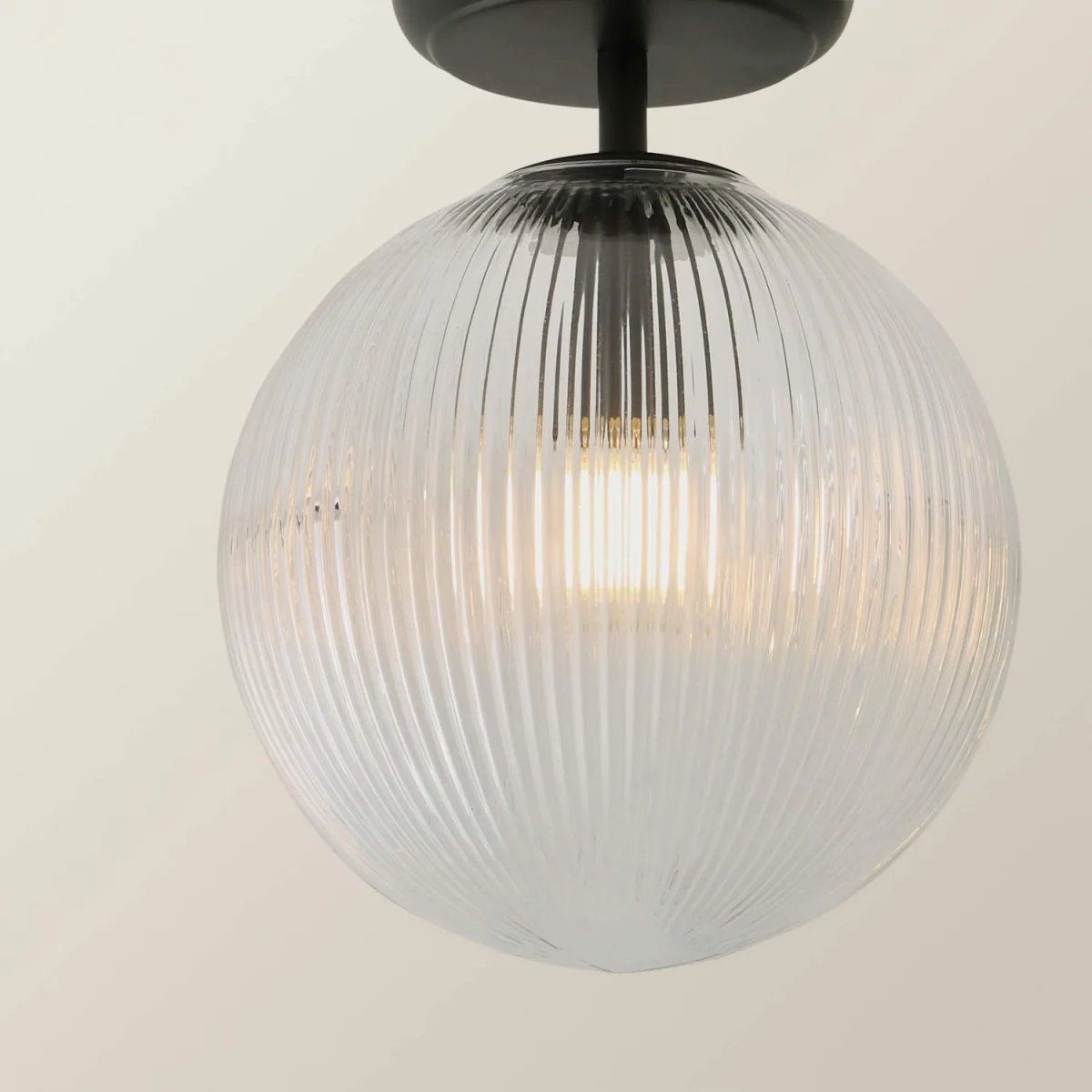 Kempton Flush Ceiling Light with Ribbed Globe Shade - Brushed Brass / Yes - Black – image 5