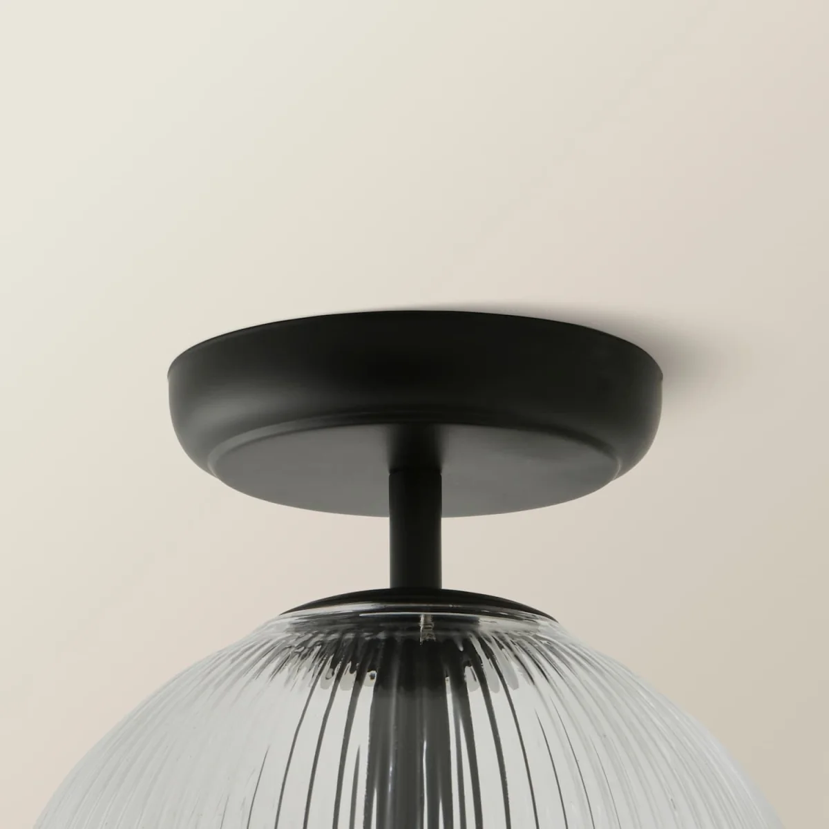 Kempton Flush Ceiling Light with Ribbed Globe Shade - Brushed Brass / Yes - Black – image 6