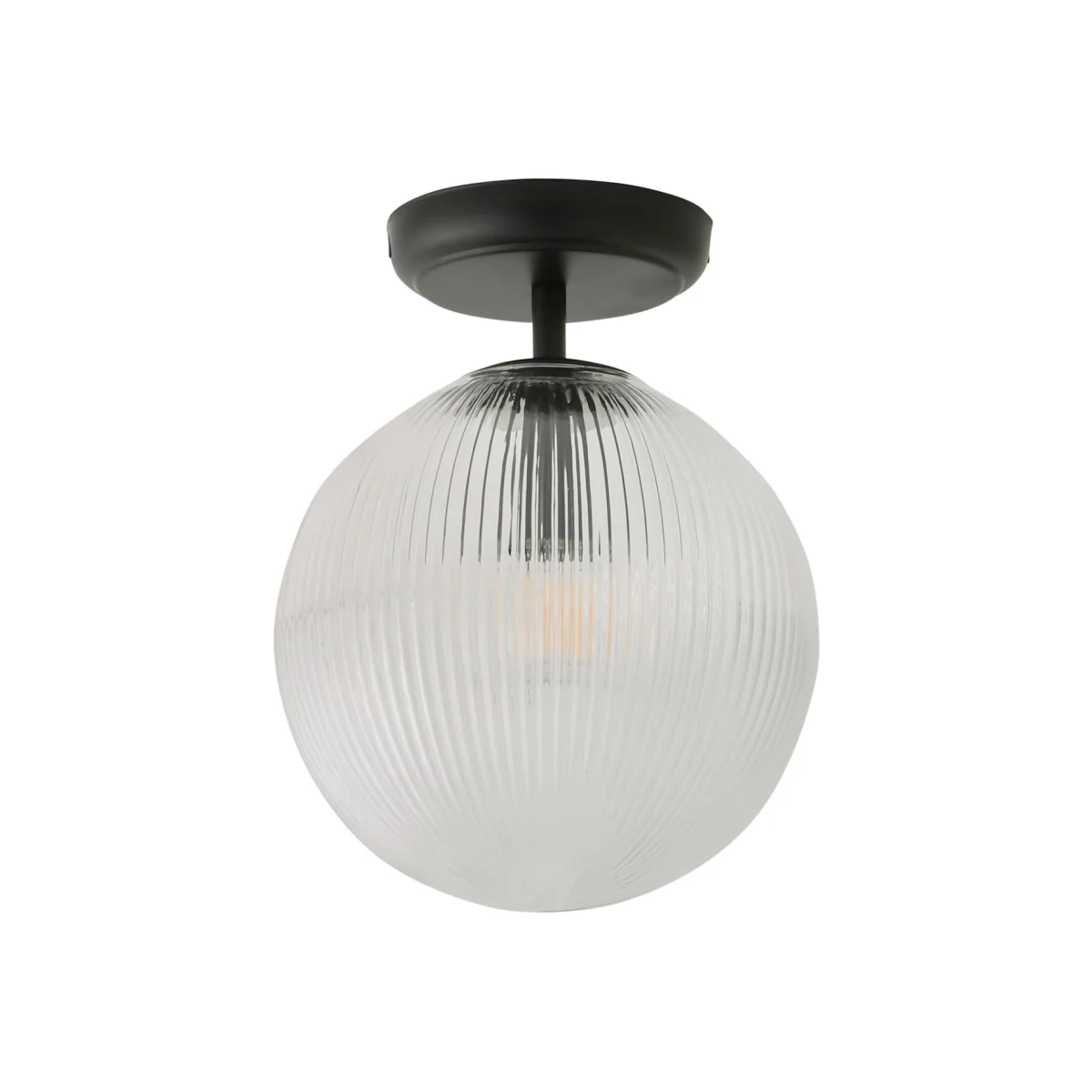 Kempton Flush Ceiling Light with Ribbed Globe Shade - Brushed Brass / Yes - Black – image 1