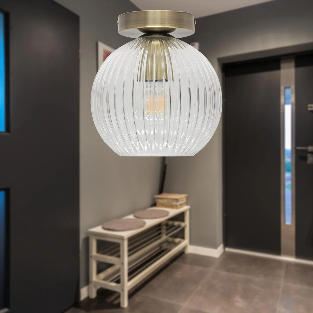 Betchley Flush Ceiling Light - Clear Ribbed Glass With Antique Brass Plate Detail – image 3