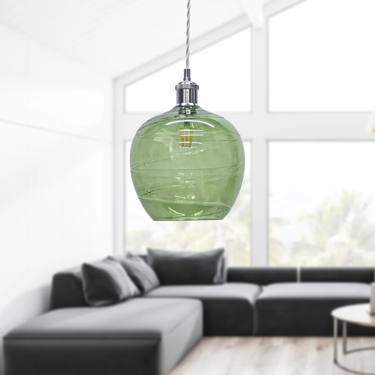 Leah Green Ripple Glass Globe With Chrome Pendant Fitting - Chrome & Green – image 4