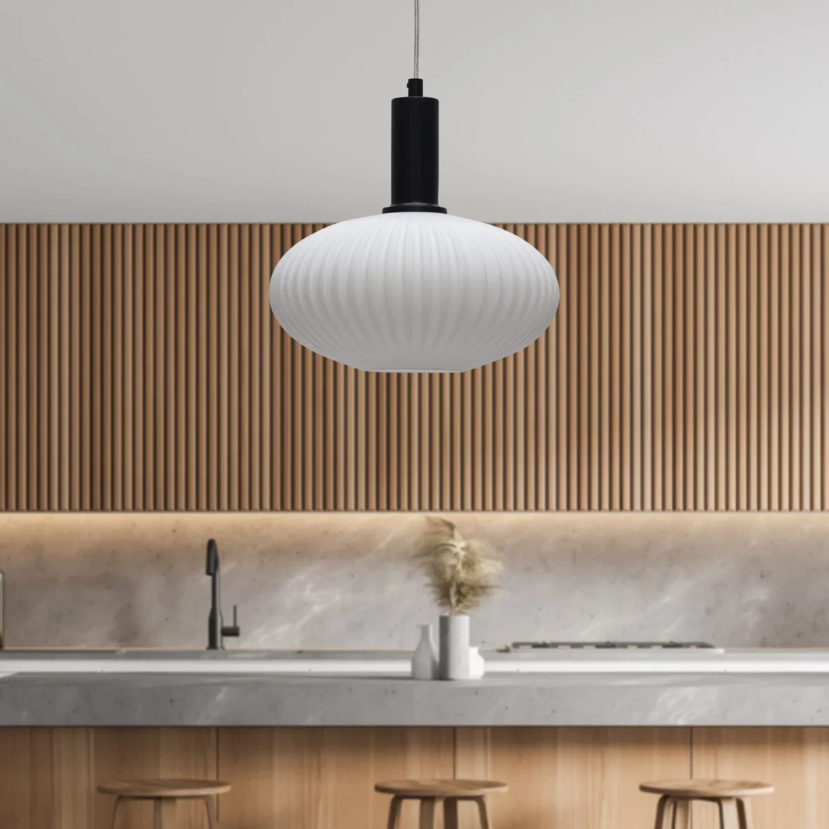 Baton White Ribbed Oval Glass Black Deco Pendant Fitting - Black & White – image 3