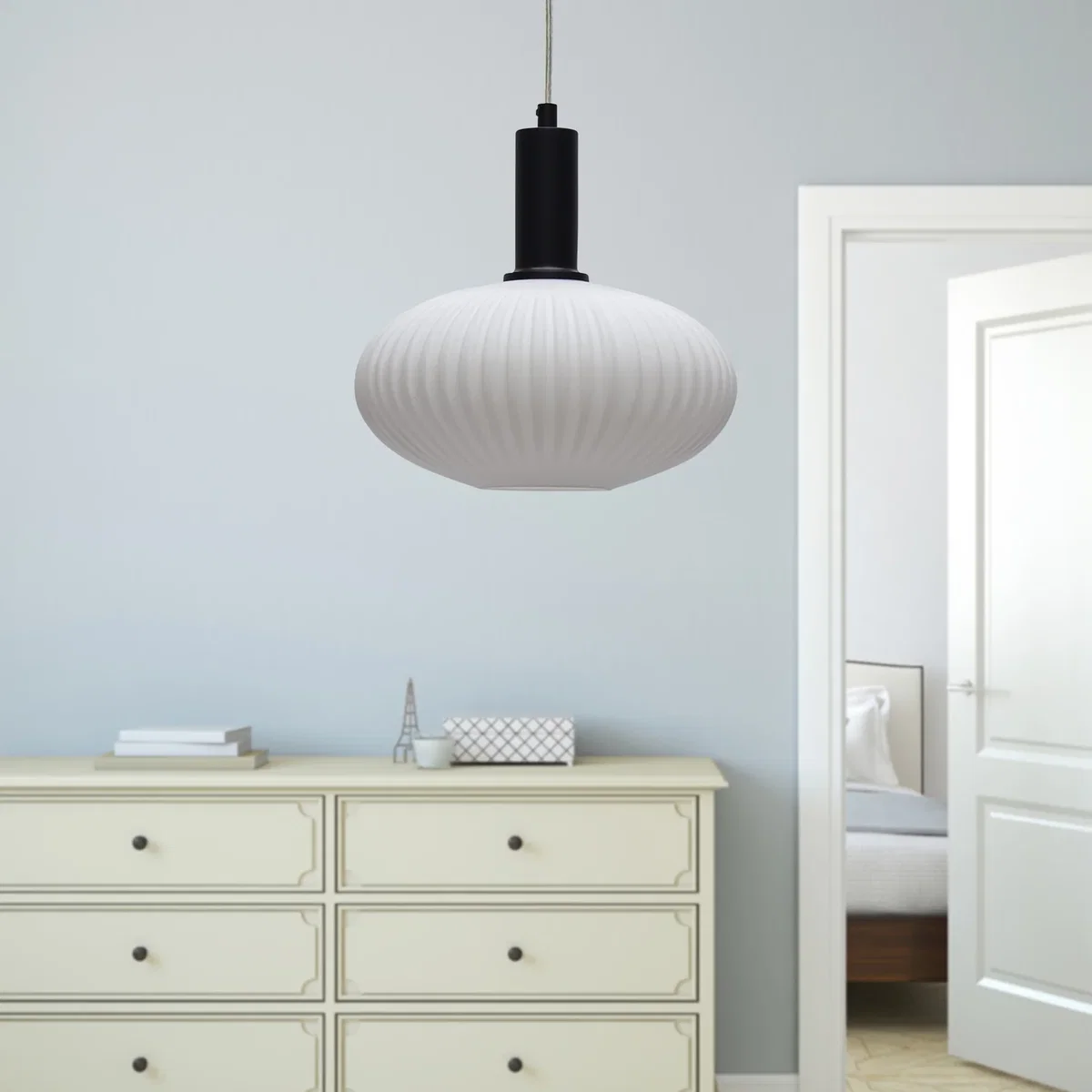 Baton White Ribbed Oval Glass Black Deco Pendant Fitting - Black & White – image 4
