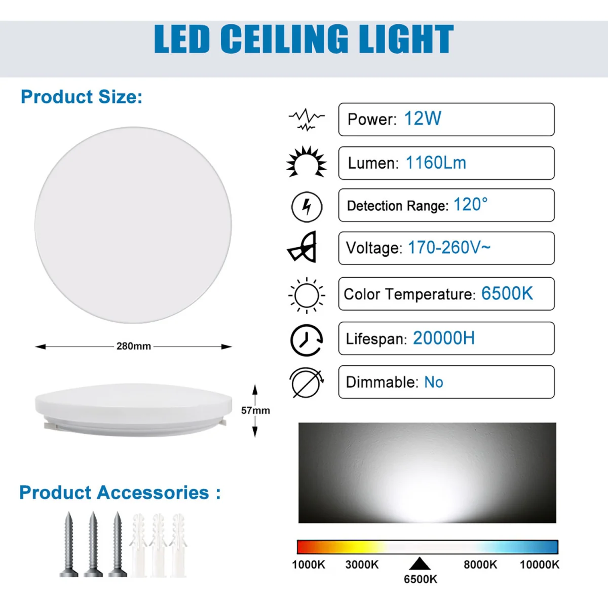 28CM Energy-Saving 12W LED Ceiling Light - White – image 2