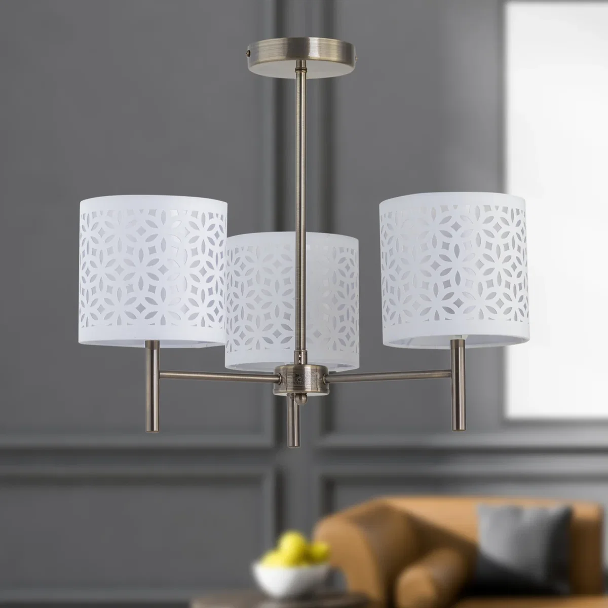 Brea Antique Brass 3 Light Fitting With White Cut Out Shades - Antique Brass & White – image 3
