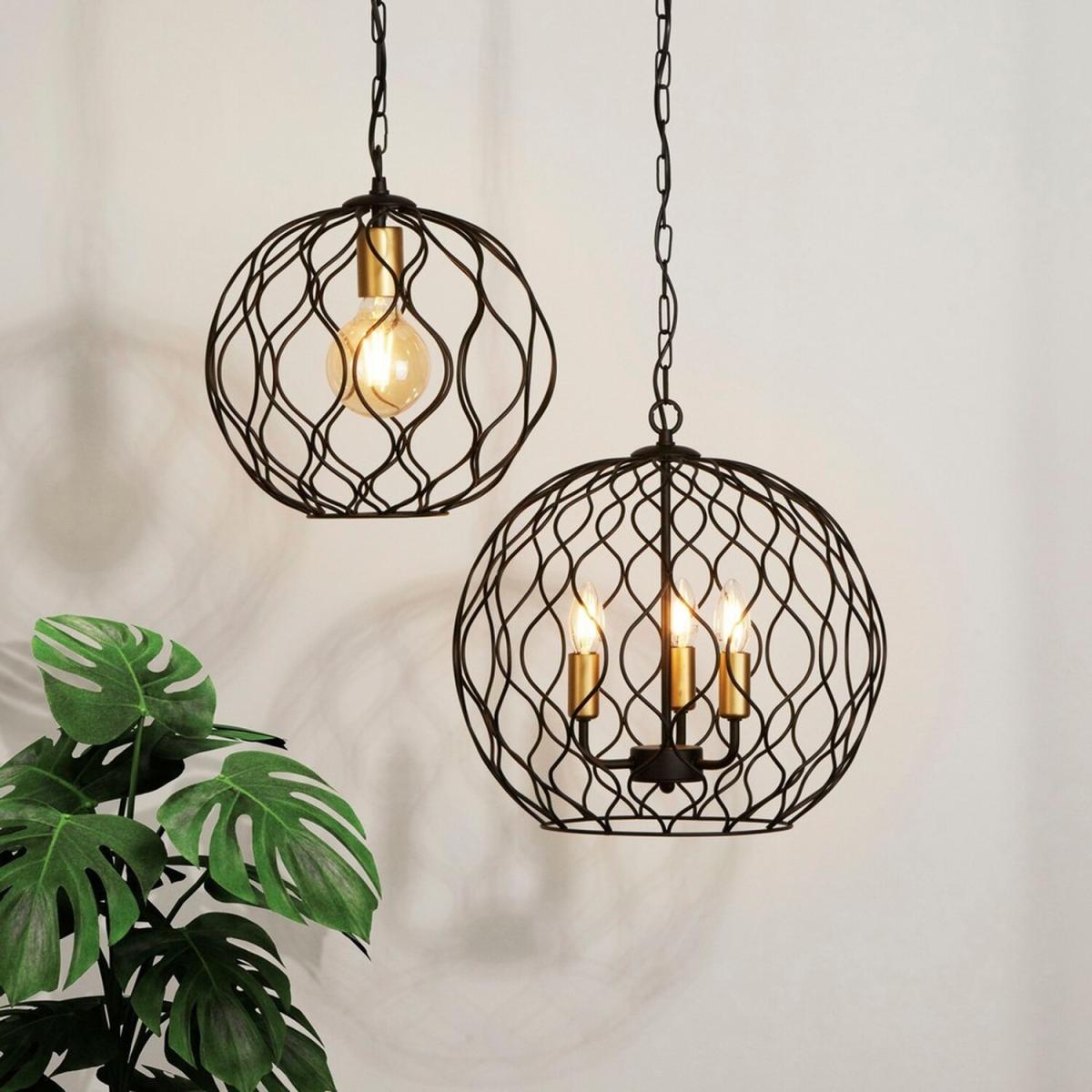 Finesse 1 Light Round Cage Ceiling Pendant - Black with Gold Lampholders - Matt Black – image 2
