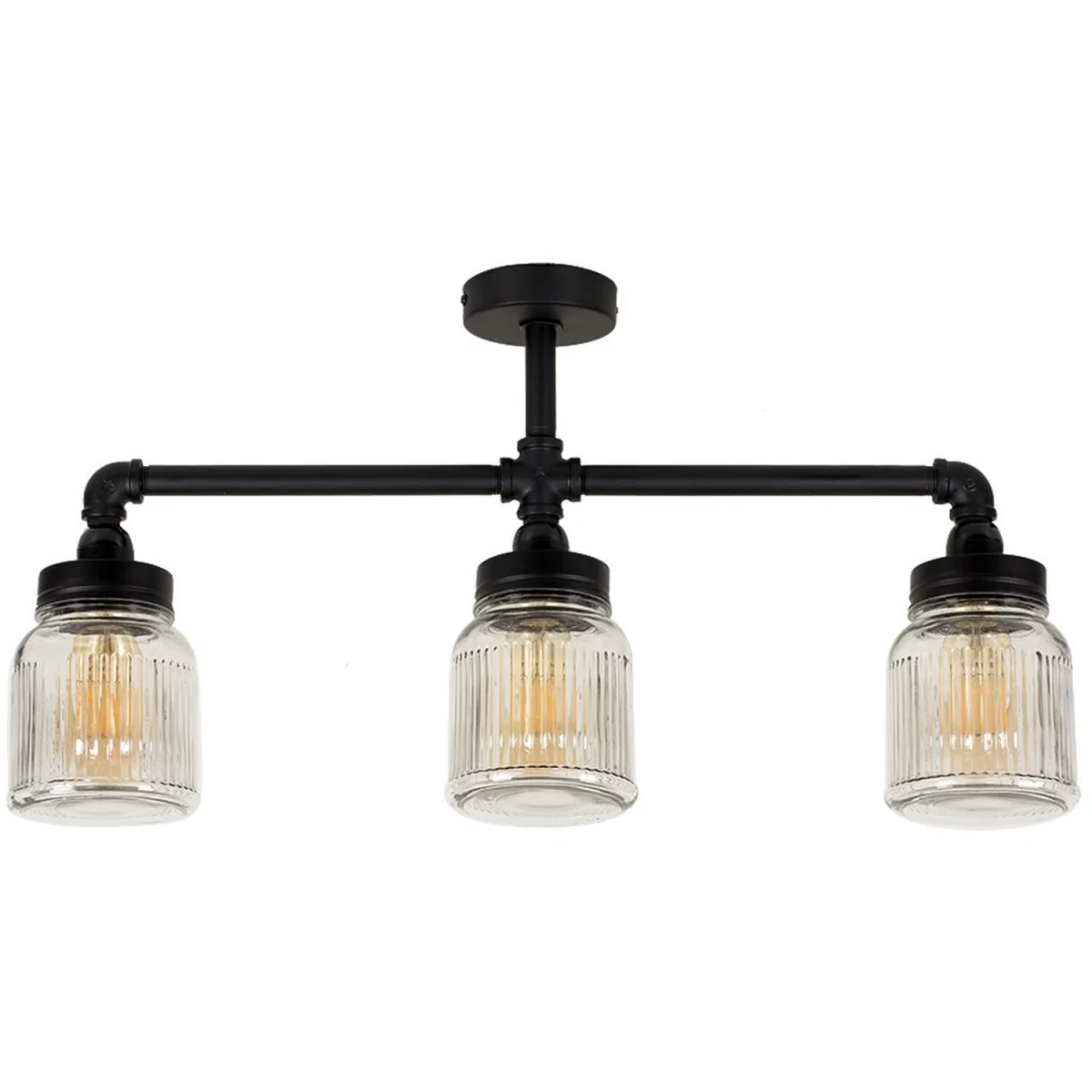 Luiggi Satin Black 3 Way Bar Pipework Ceiling Light with Glass Ribbed Pattern Design Jar Shades - Black – image 2
