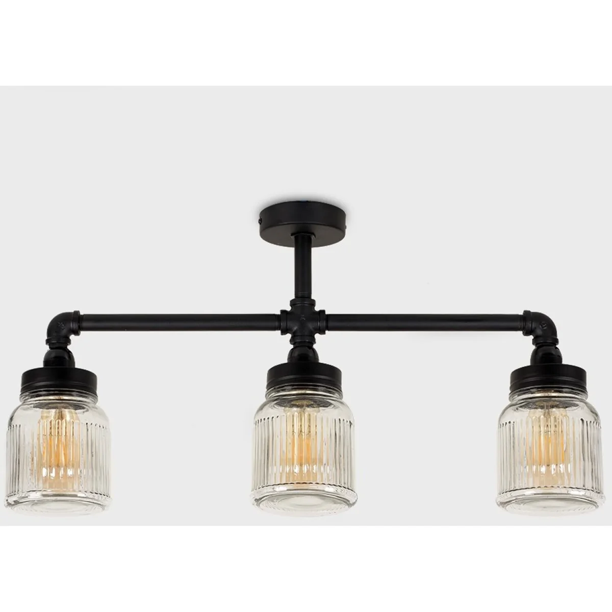 Luiggi Satin Black 3 Way Bar Pipework Ceiling Light with Glass Ribbed Pattern Design Jar Shades - Black – image 3