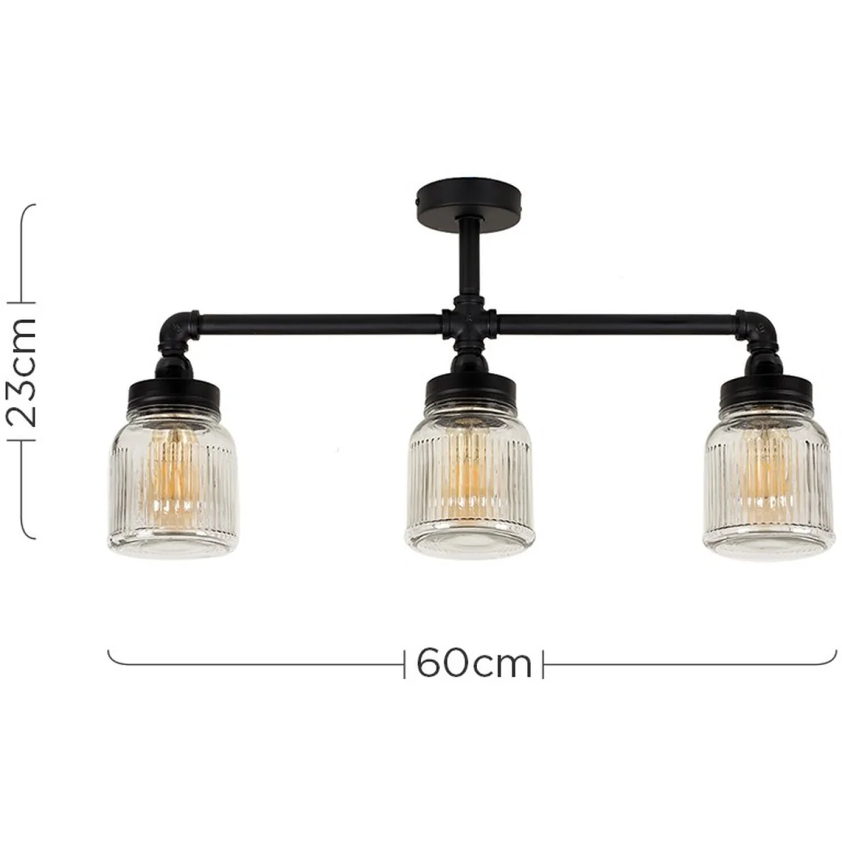 Luiggi Satin Black 3 Way Bar Pipework Ceiling Light with Glass Ribbed Pattern Design Jar Shades - Black – image 5