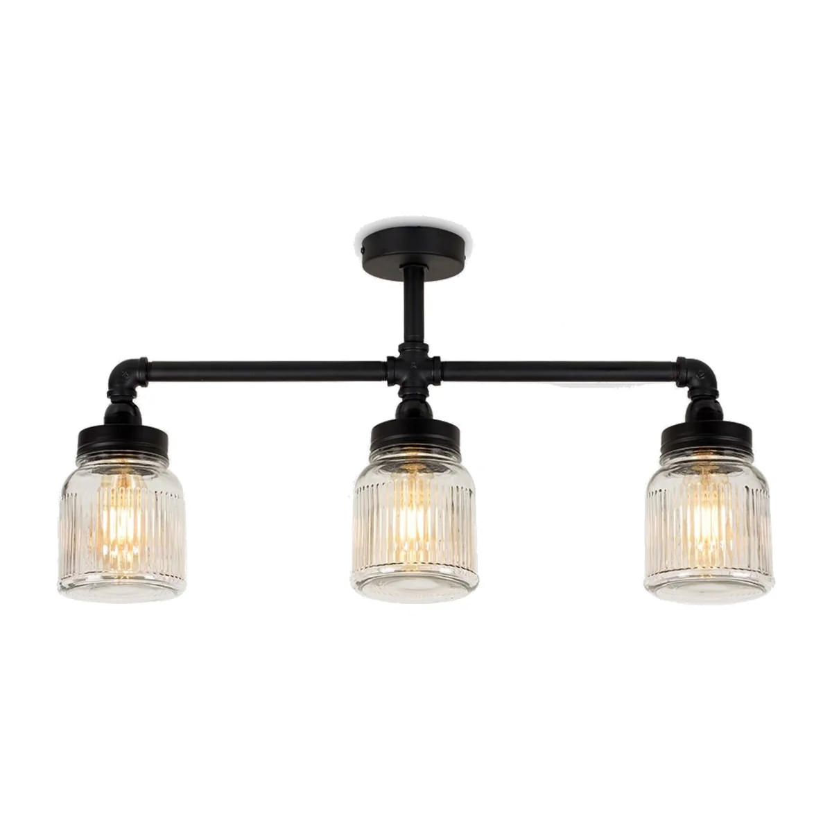 Luiggi Satin Black 3 Way Bar Pipework Ceiling Light with Glass Ribbed Pattern Design Jar Shades - Black – image 1