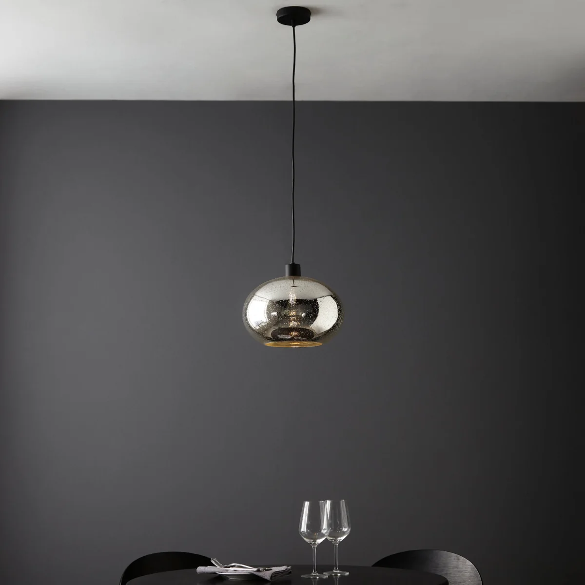 Candra Ceiling Single Pendant Light - Silver Mercury Glass With Matt Black Detail – image 2