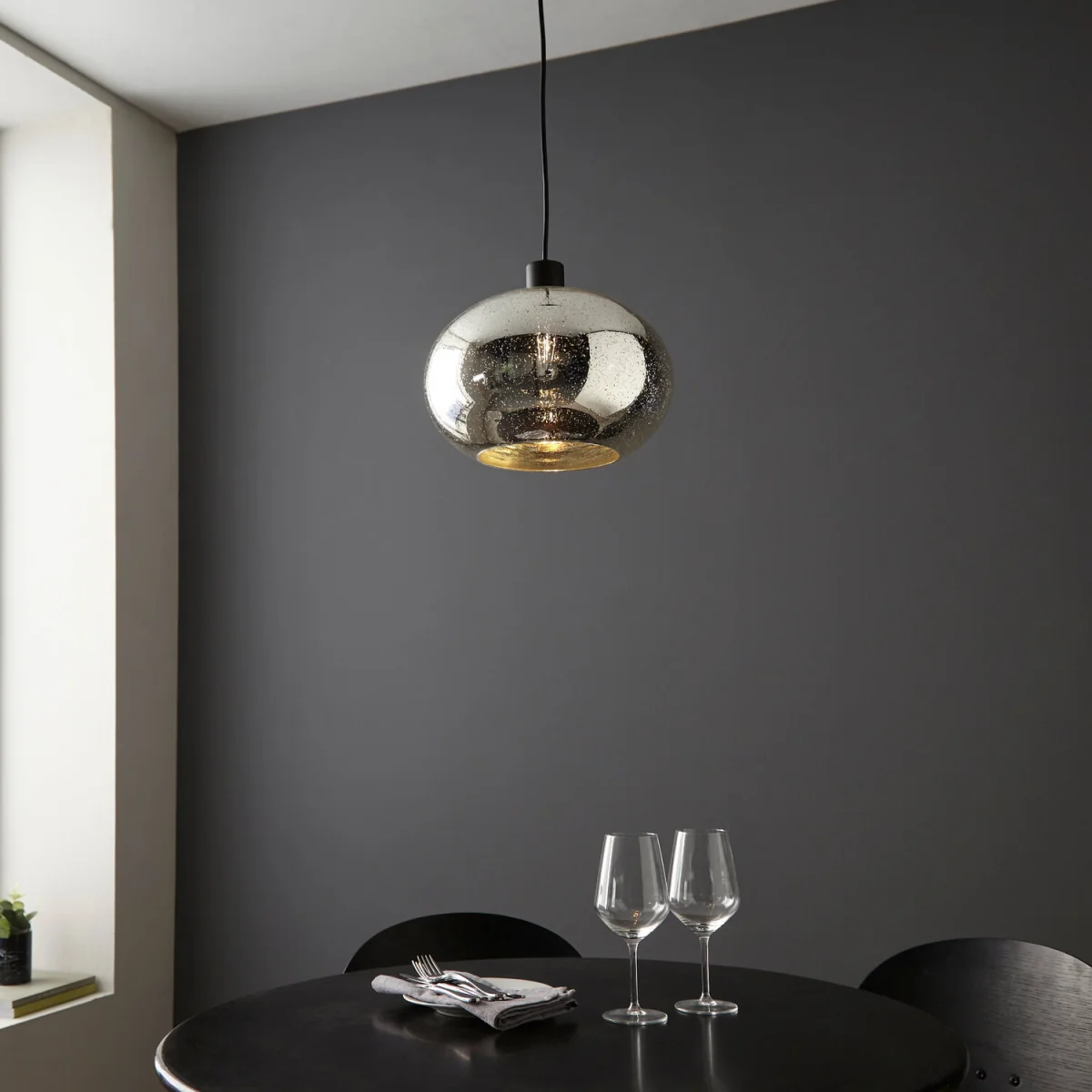 Candra Ceiling Single Pendant Light - Silver Mercury Glass With Matt Black Detail – image 3