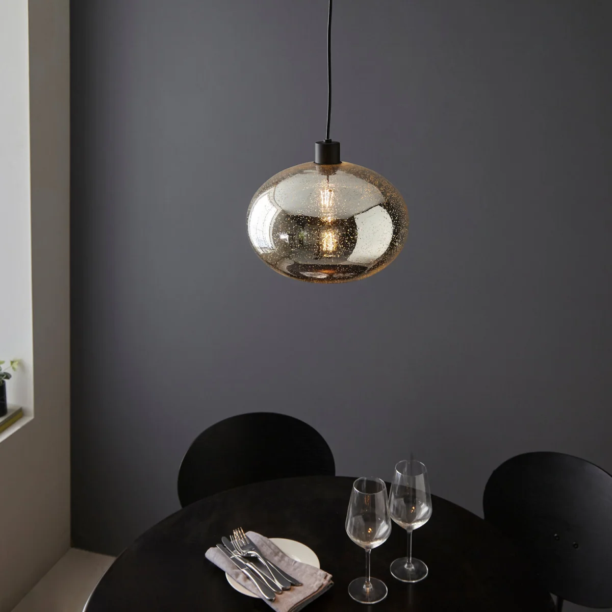 Candra Ceiling Single Pendant Light - Silver Mercury Glass With Matt Black Detail – image 4