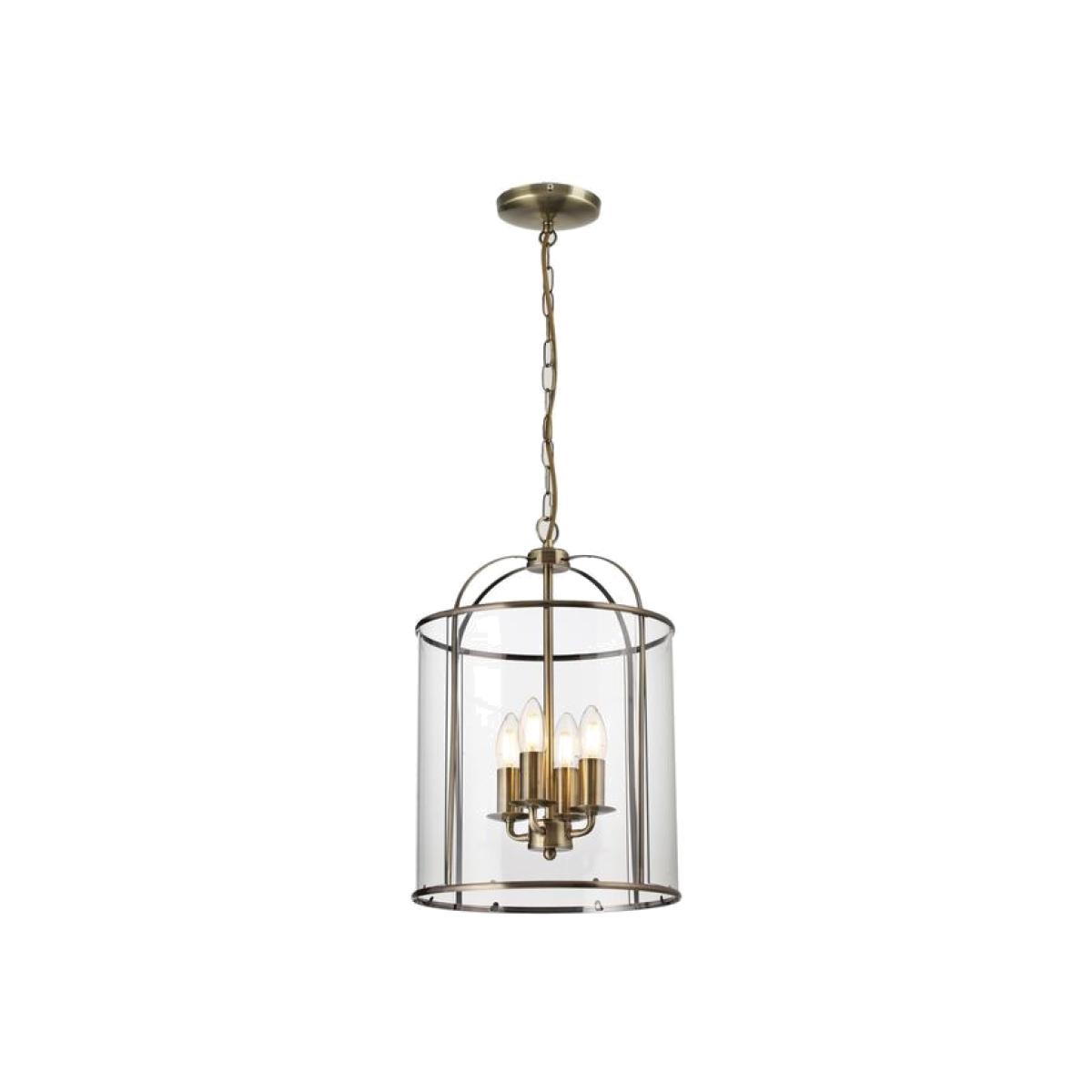 4 Light Antique Brass Hanging Ceiling Lantern Light with Glass Panels - Antique Brass