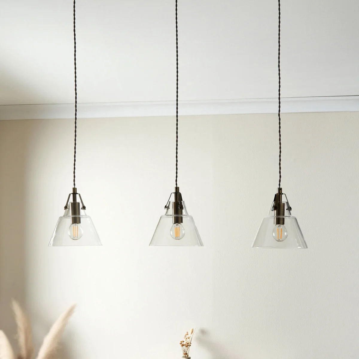 Set Of 2 Rushcombe 3lt Bar Ceiling Pendant Lights - Antique Brass Plate And Clear Glass – image 7