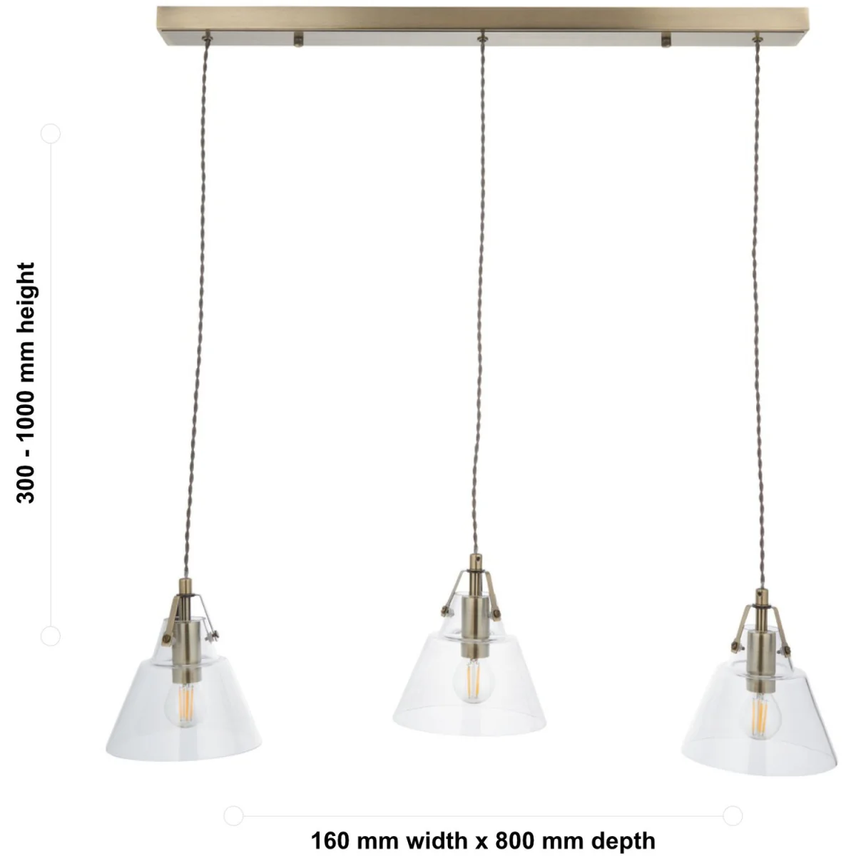 Set Of 2 Rushcombe 3lt Bar Ceiling Pendant Lights - Antique Brass Plate And Clear Glass – image 8