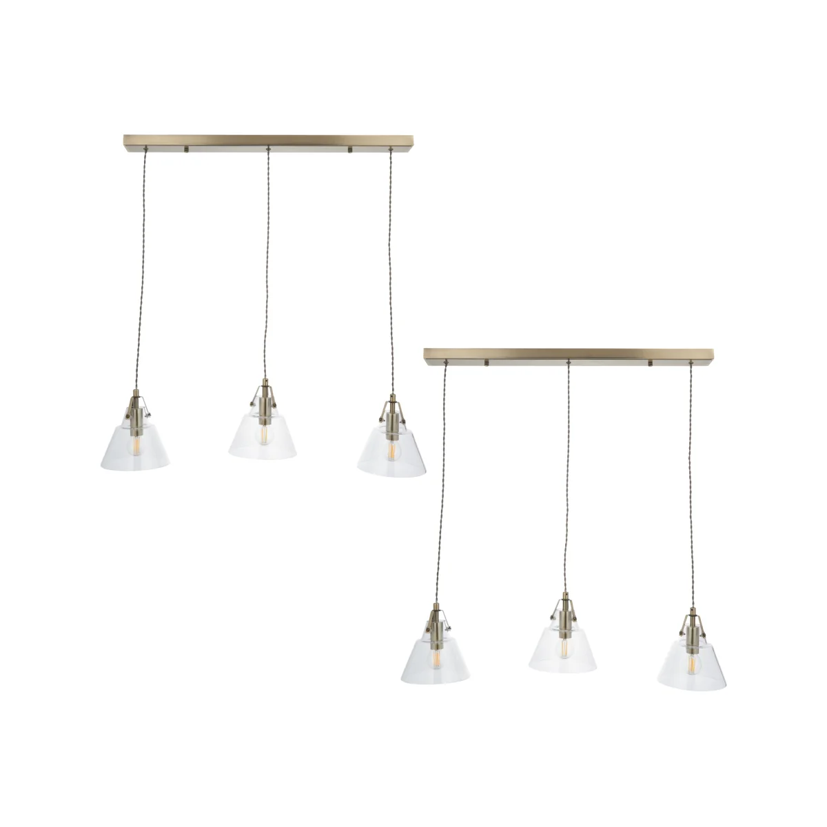 Set Of 2 Rushcombe 3lt Bar Ceiling Pendant Lights - Antique Brass Plate And Clear Glass – image 1