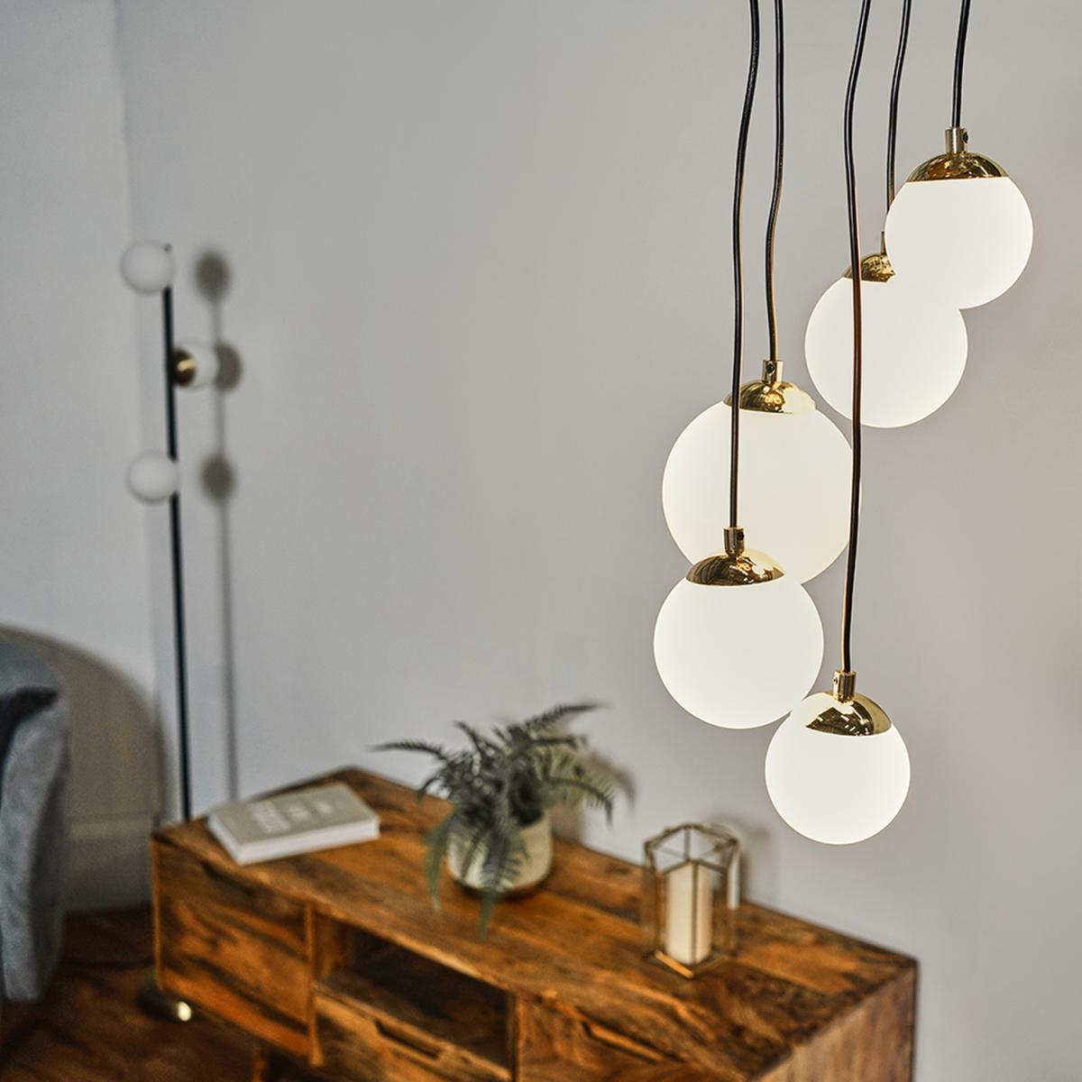 5 Way Hanging Polished Gold And Glass Globe Shade Ceiling Pendant Light Fitting - Gold – image 3