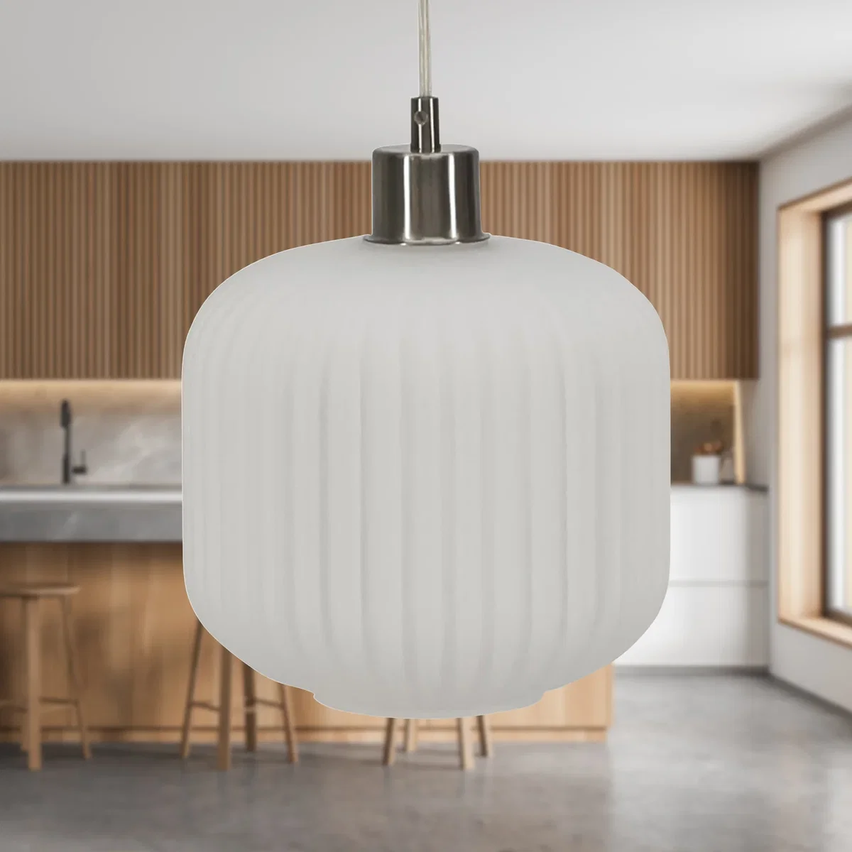 Set Of 2 Bento White Ribbed Glass With Satin Nickel Pendant Fittings - Satin Nickel & White – image 3