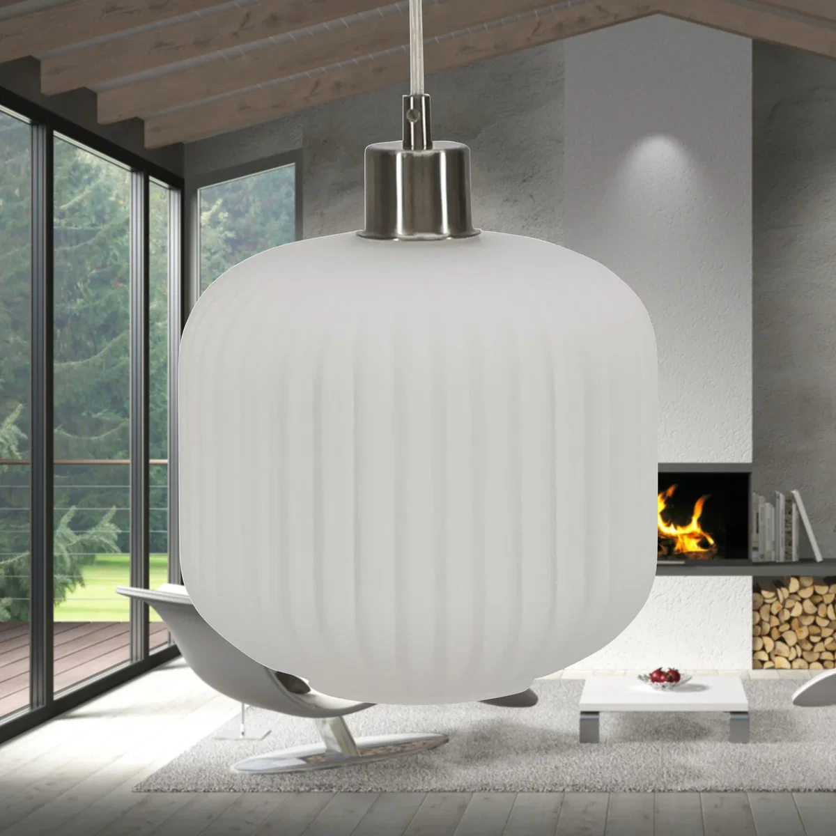 Set Of 2 Bento White Ribbed Glass With Satin Nickel Pendant Fittings - Satin Nickel & White – image 4