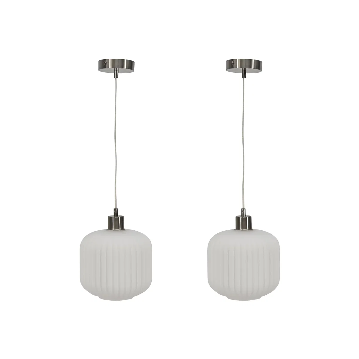 Set Of 2 Bento White Ribbed Glass With Satin Nickel Pendant Fittings - Satin Nickel & White – image 1