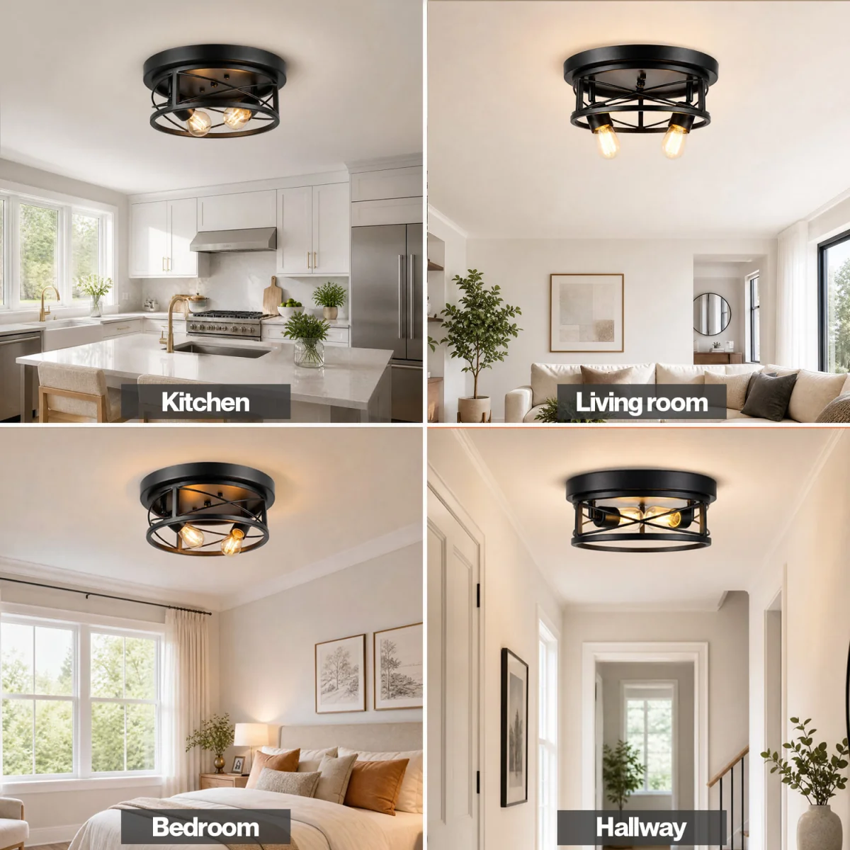 Ceiling Lights E27 Metal Cage 90 Adjustable Kitchen Fixture Black - Black – image 5