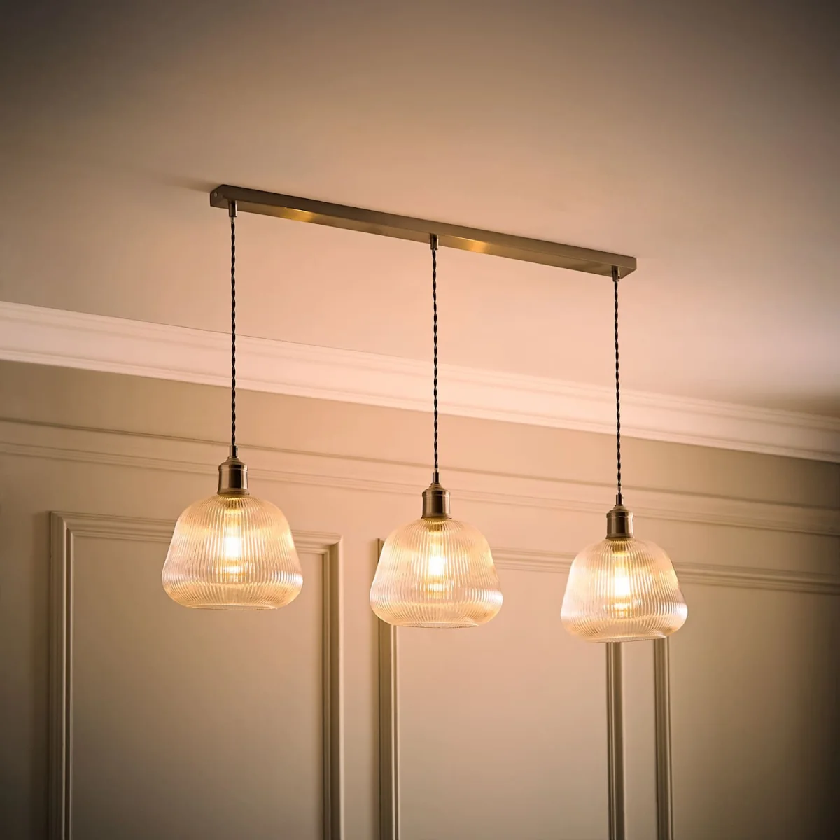 Delora Ribbed Bell Glass Shade 3 Drop Diner Ceiling Pendant Light - Brushed Chrome / 3 – image 3