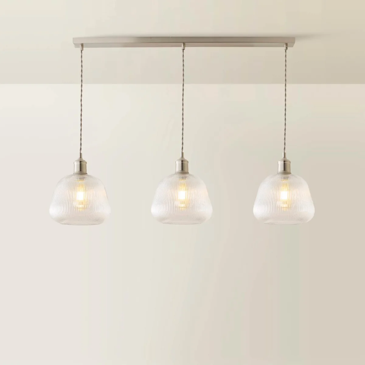 Delora Ribbed Bell Glass Shade 3 Drop Diner Ceiling Pendant Light - Brushed Chrome / 3 – image 4