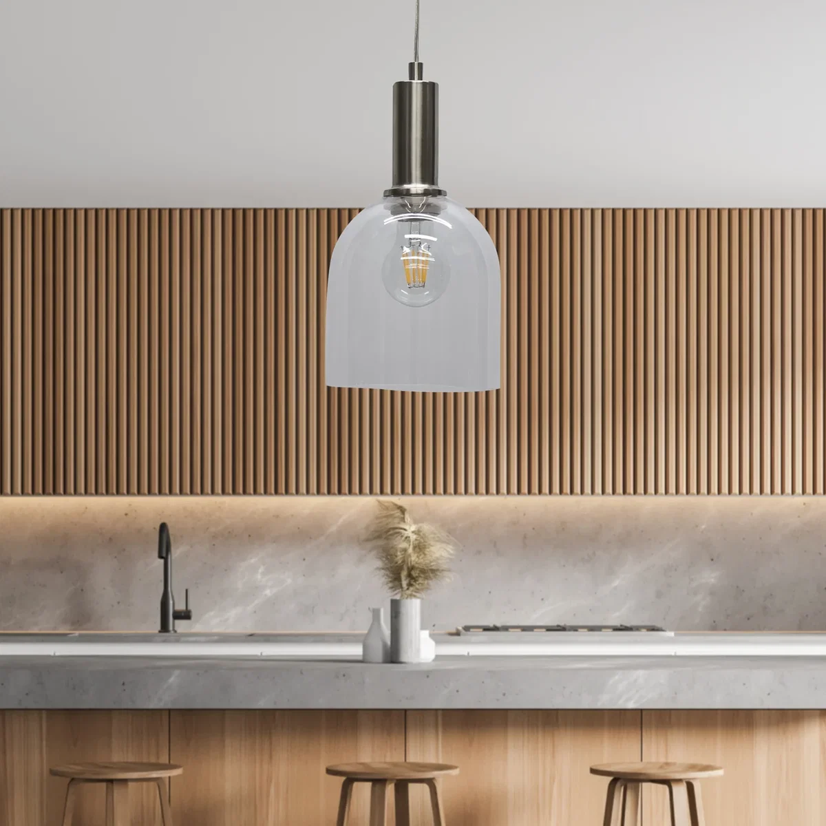 Set Of 2 Belten Clear Glass Cloche Satin Nickel Deco Pendants - Satin Nickel & Clear – image 4