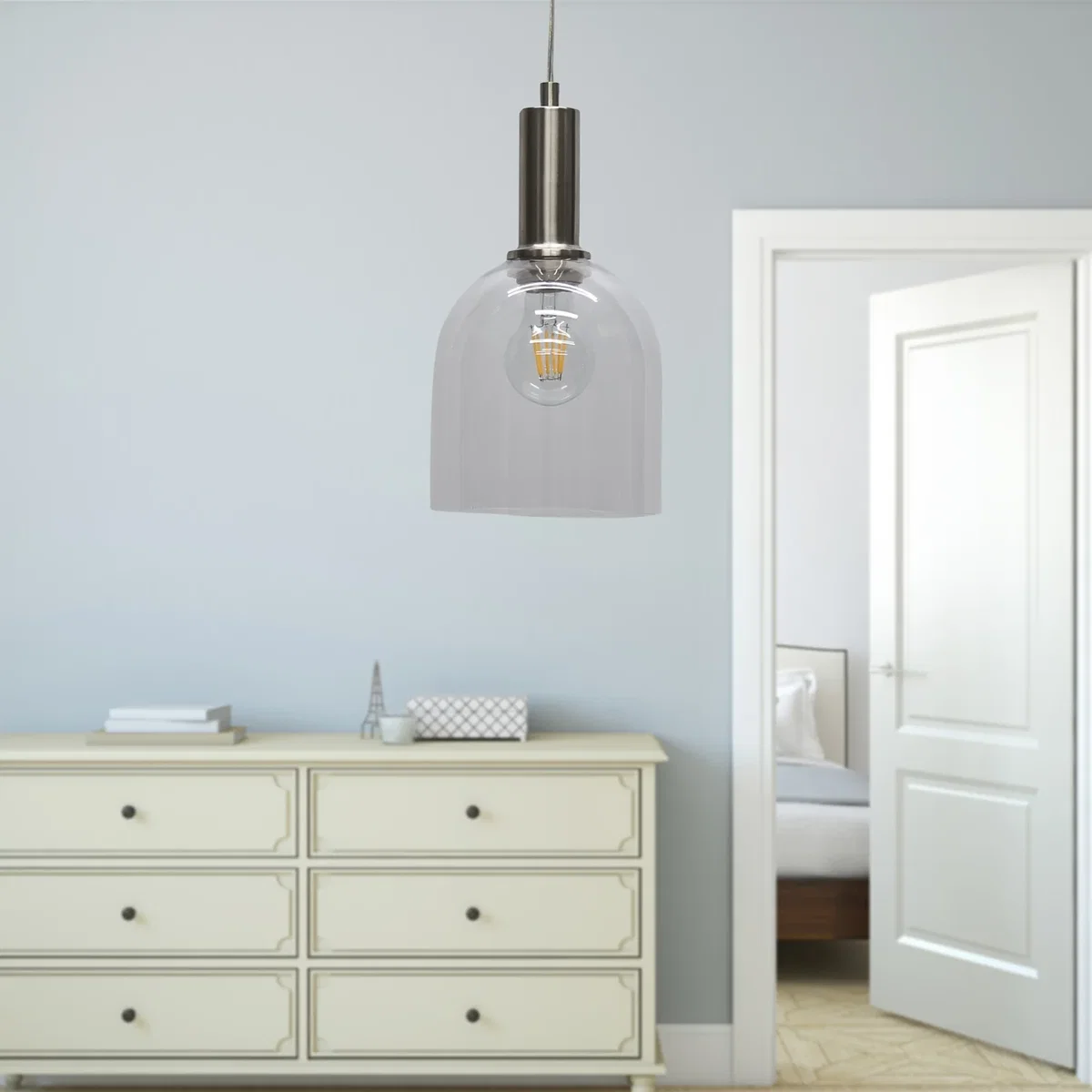 Set Of 2 Belten Clear Glass Cloche Satin Nickel Deco Pendants - Satin Nickel & Clear – image 5