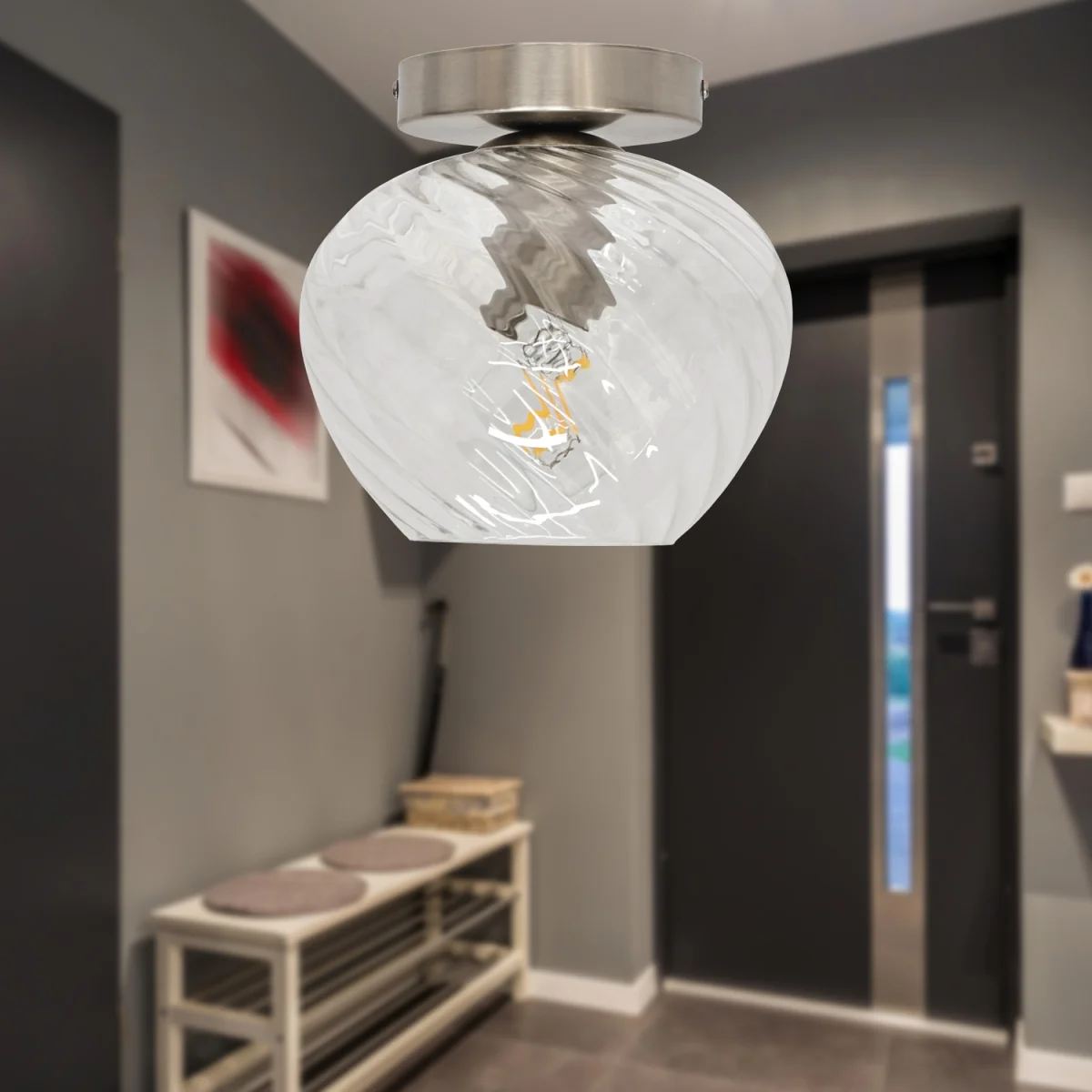 Bradson Flush Ceiling Light - Clear Swirl Glass With Satin Nickel Plate Detail – image 3