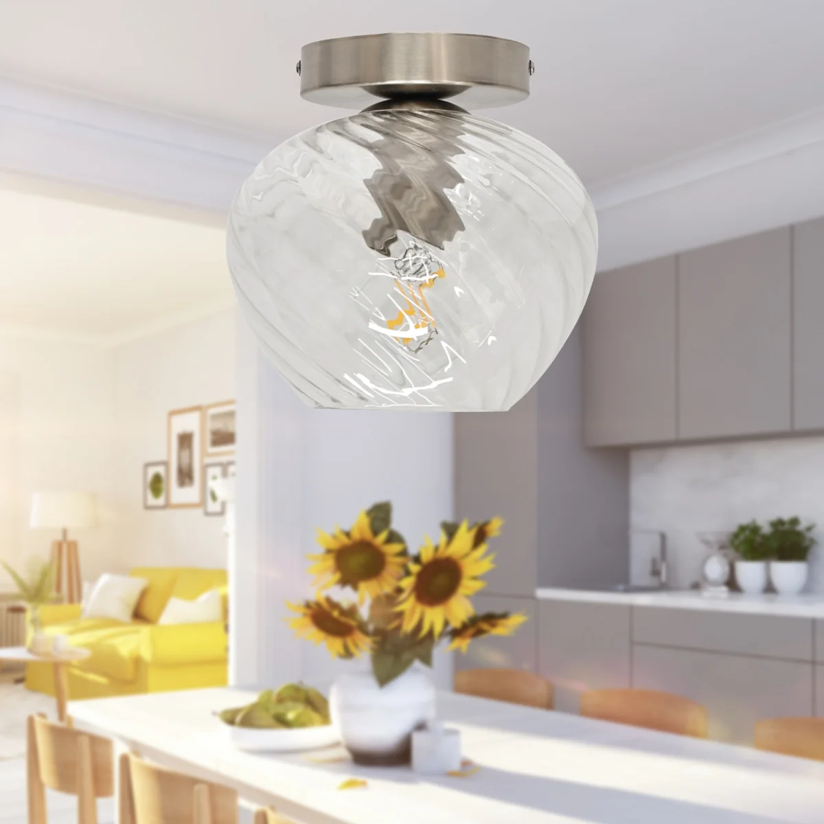Bradson Flush Ceiling Light - Clear Swirl Glass With Satin Nickel Plate Detail – image 4