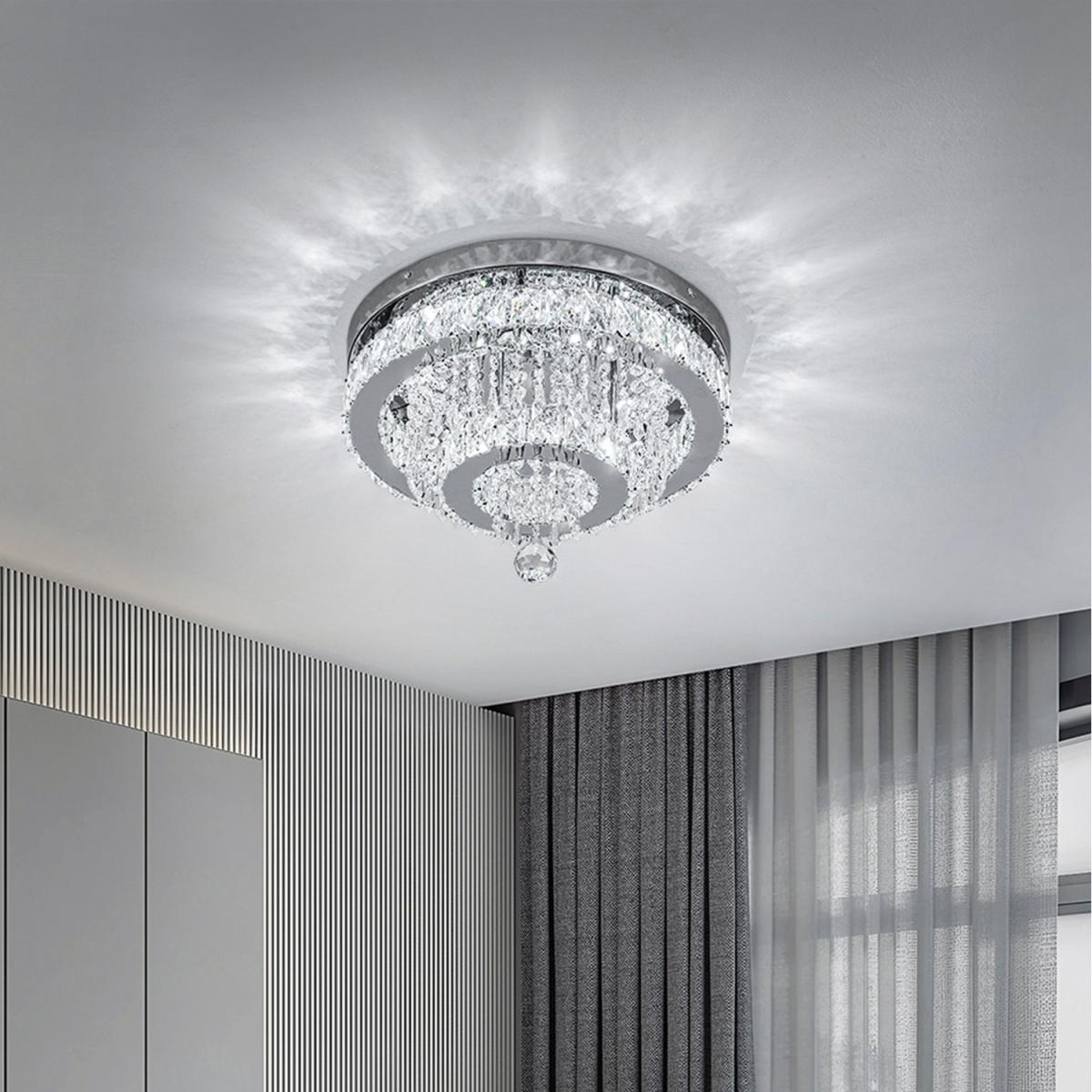 Round Ceiling Light with Double Crystal Rings and Hanging Pendants - Silver