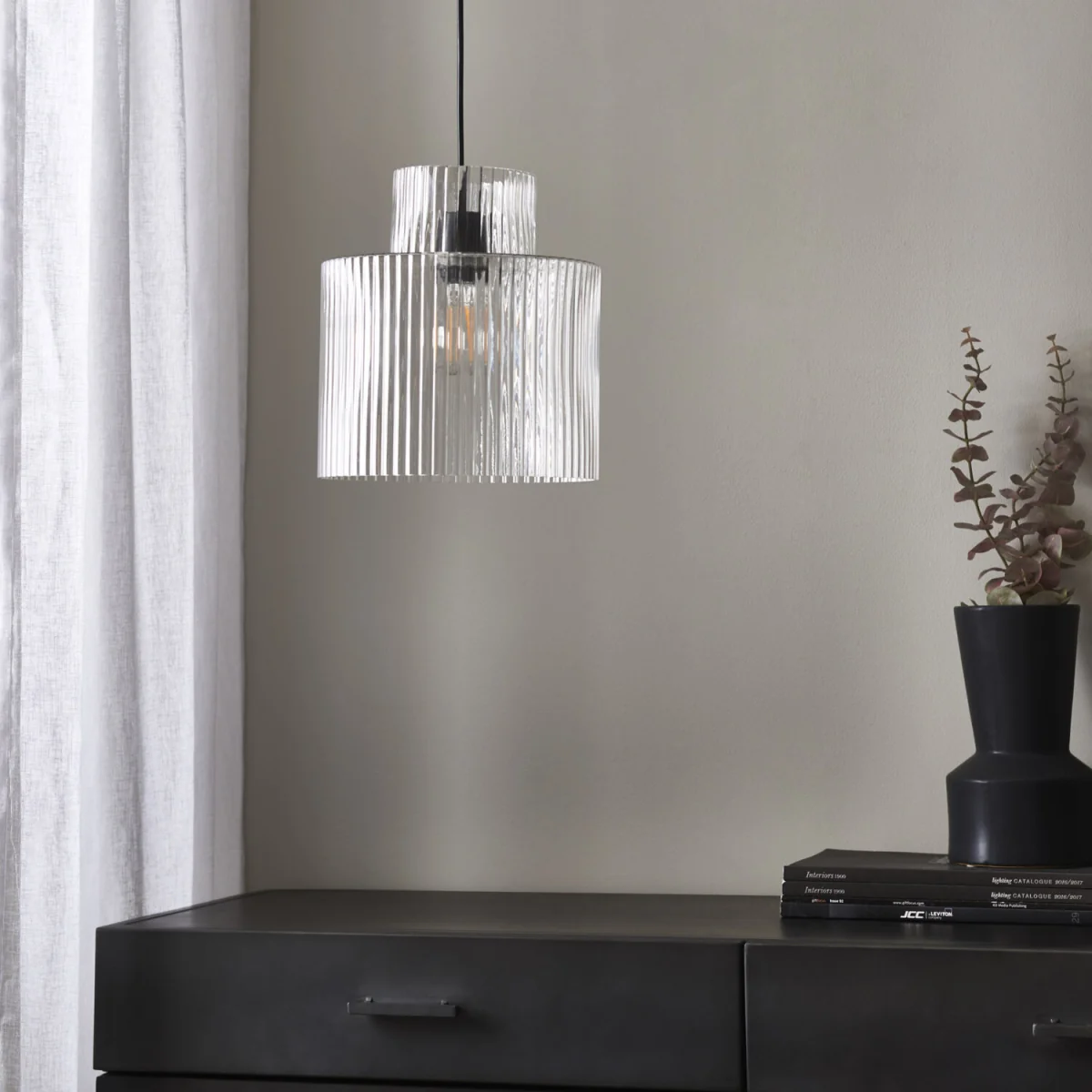 Portland Ceiling Single Pendant Light - Matt Black And Clear Ribbed Glass – image 2