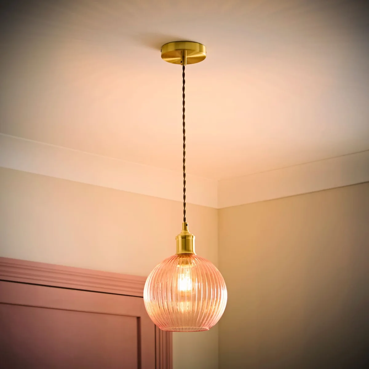 Maddison Brushed Gold Ceiling Light Pink Glass Shade - Pink – image 2