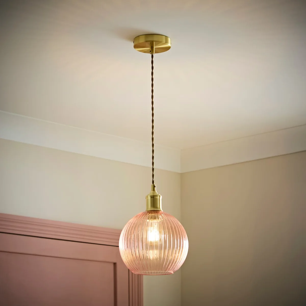 Maddison Brushed Gold Ceiling Light Pink Glass Shade - Pink – image 3