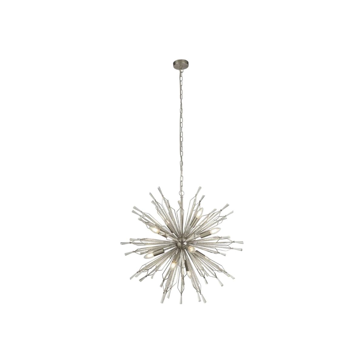 Starburst 8 Light Satin Silver Ceiling Pendant with Clear Glass Bead Detail - Chrome